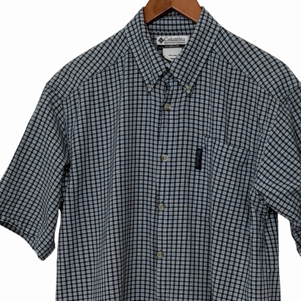 Columbia Button Down Shirt Mens Medium Blue Plaid Short Sleeve Cotton Outdoor